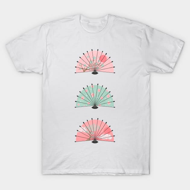 Mint and pink Japanese fans T-Shirt by Home Cyn Home 